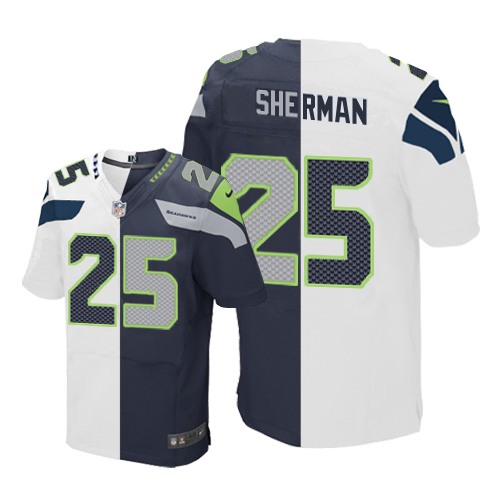 Men's Elite Richard Sherman Nike Jersey Navy/White - #25 Split Fashion NFL Seattle Seahawks